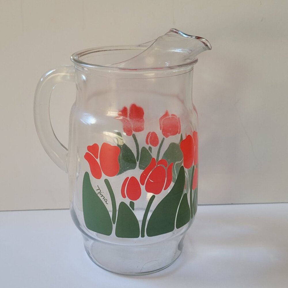 Vintage Glass Pitcher With Red Tulip Floral Design By Nina